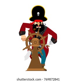 Captain of pirate in wheel isolated. Boss buccaneer isolated. Vector illustration
