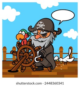 Captain Pirates cartoon characters driving wheels and sailing in ocean with a sailboat with his parrot. Best for sticker, logo, and mascot with medieval transportation themes