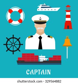 Captain Profession Flat Icons With Man In White Uniform And Peaked Cap, Surrounded By Helm, Cargo Ship, Yacht, Lifebuoy, Bell And Lighthouse