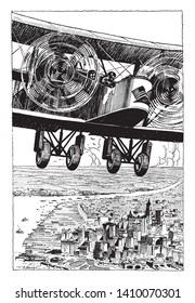 Captain Roy N Francis Over NYC One Of The Best Known American Pilots Flying Over New York, Vintage Line Drawing Or Engraving Illustration.