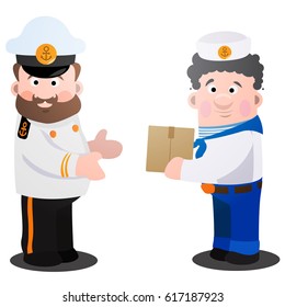Captain and sailor with a box of cartoon funny characters.