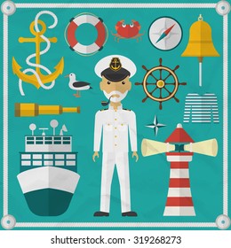 Captain, sailor, flat style character and nautical elements. Nautical flat icons. Vector illustration