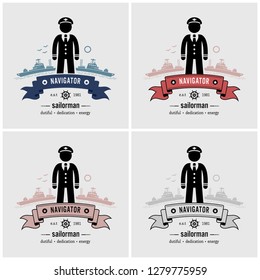 Captain or sailor logo design. Vector artwork of a ship captain standing in front of ships and the sea.