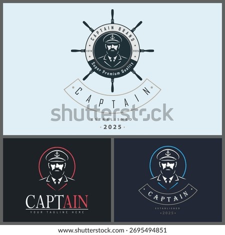 Captain sailor seaman face head ship wheel silhouette logo set vintage design template