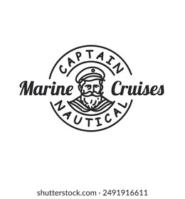 captain sailor simple outline line art vintage badge logo vector illustration