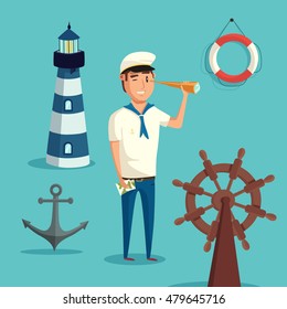 Captain or sailor with spyglass and lighthouse, anchor and wooden steering wheel of ship or boat, lifebuoy or ring buoy, lifesaver or life ring. May be used for marine or nautical, maritime or crew