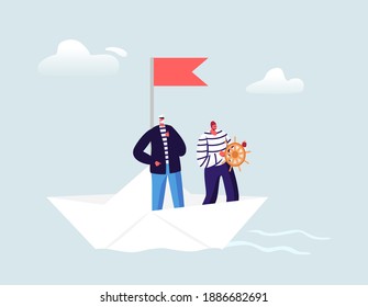 Captain And Sailor In Stripped Vest At Steering Wheel Floating On Paper Boat. Ship Crew Male Characters In Uniform. Maritime Profession, Job Occupation, Sea Sailing. Cartoon People Vector Illustration