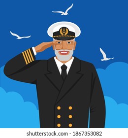 Captain of sea ship in uniform saluting