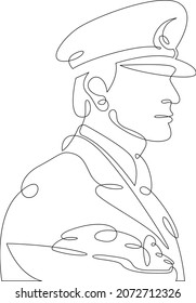 The captain of the ship in a cap. Ship liner frigate logo symbol. Portrait of a sailor officer in uniform.One continuous line .One continuous drawing line logo isolated minimal illustration.