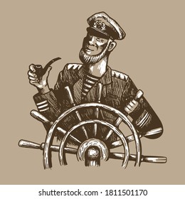 the captain of the ship, in a captain's cap, holds a smoking pipe with one hand, with the other hand holds the steering wheel. Sketch, doodle, retro style, print for books, postcard, page. Vector illu