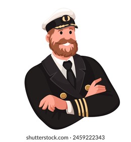 Capitán de barco o crucero, hombre de dibujos animados en uniforme de la marina. Carácter de oficial barbudo en gorra y traje cruzado de brazos sobre el pecho con sonrisa, retrato de dibujos animados de feliz capitán Ilustración vectorial