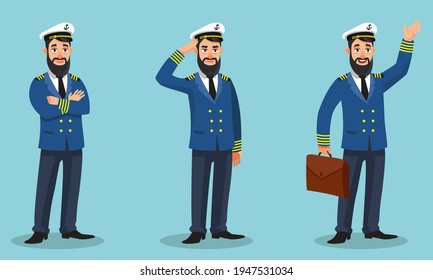 Captain of the ship in different poses. Male person in cartoon style.