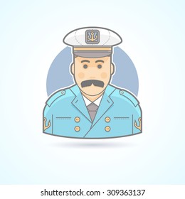 Captain of a ship, flag officer, sailor icon. Avatar and person illustration. Flat colored outlined style.