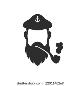 Captain of the ship icon. with a smoking pipe. Monochrome black and white symbol