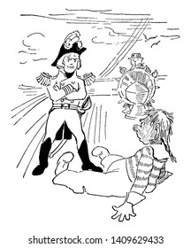 A captain of a ship looking at a man sitting on the deck, vintage line drawing or engraving illustration