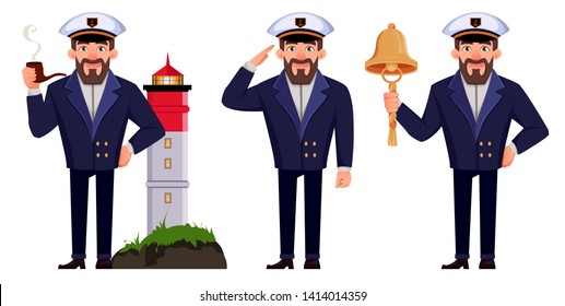 Captain of the ship in professional uniform, set of three poses. Handsome cartoon character. Vector illustration