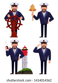 Captain of the ship in professional uniform, set of four poses. Handsome cartoon character. Vector illustration
