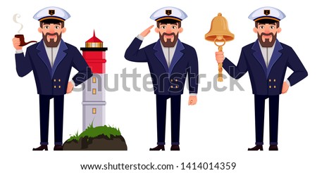 Captain of the ship in professional uniform, set of three poses. Handsome cartoon character. Vector illustration