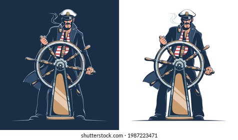 Captain of the ship. Sailor in captain uniform at the helm of the ship. Vector illustration.