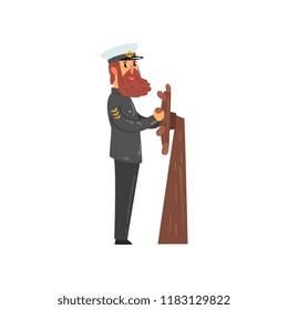 Captain at the ship steering wheel, seaman character in uniform vector Illustration on a white background