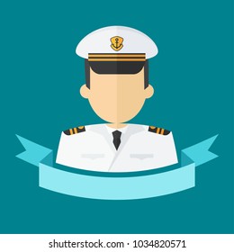 Captain of ship in white suit. Command of military cruiser, a cruise liner. Flat vector cartoon illustration. Objects isolated on a white background.