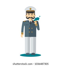 Captain of ship in white suit. Command of military cruiser, a cruise liner. Flat vector cartoon illustration. Objects isolated on a white background.