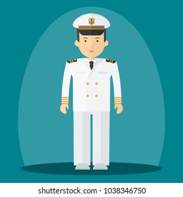 Captain of ship in white suit. Command of military cruiser, a cruise liner. Flat vector cartoon illustration. Objects isolated on a white background.