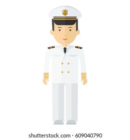 Captain of ship in white suit. Command of military cruiser, a cruise liner. Flat vector cartoon illustration. Objects isolated on a white background.