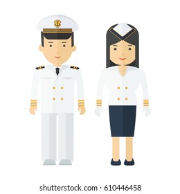 Captain of ship in white suit. Stewardess cruise liner, navy. Staff of military cruiser or cruise liner in uniform. Flat vector cartoon illustration. Objects isolated on a white background.