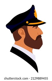 El capitán. Oficial de buques con sombrero negro de capitán naval. Retrato de hombre adulto con barba, vista lateral. La marina alcanzó su punto máximo, almirante, marinero. Ilustración vectorial moderna para afiche, portada, diseño