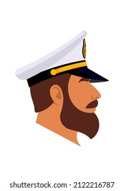 The Captain. Ships Officer In White Naval Captain Hat. Portrait Mature Man With Beard, Male Profile, Side View. Navy Peaked Cap, Admiral, Sailor. Modern Vector Illustration For Poster, Cover, Design