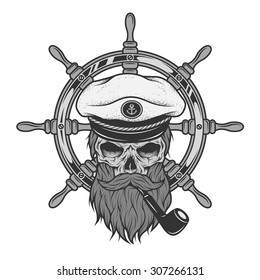 Captain Skull in a hat with a beard on a background of sea helm.