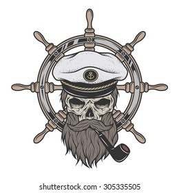 Captain Skull in a hat with a beard and a pipe on a background of sea helm.