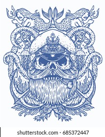 Captain Skull in a hat with a beard and a pipe  with tentacles of octopus and mermaids. Vector illustration