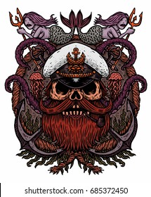 Captain Skull in a hat with a beard and a pipe  with tentacles of octopus and mermaids. Vector illustration