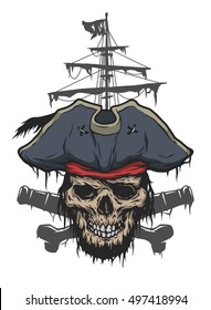 Captain skull on a background of pirate attributes.