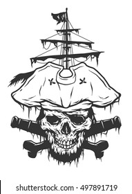 Captain skull on a background of pirate attributes.