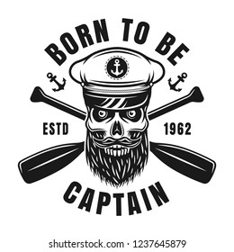 Captain skull vector nautical black emblem in vintage style isolated on white background