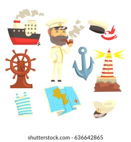 Captain with smoking pipe, set for label design. Colorful cartoon detailed Illustrations