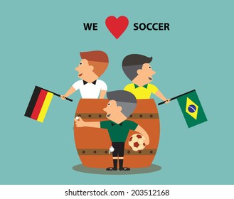 Captain of soccer football team Brazil and Germany with referee in wood tube