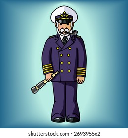 Captain with spyglass and a pipe. Editable vector illustration.
