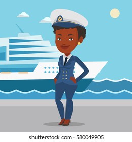 Captain standing on the background of sea and cruise ship. African ship captain in uniform on seacoast background. Ship captain standing at the port. Vector flat design illustration. Square layout.