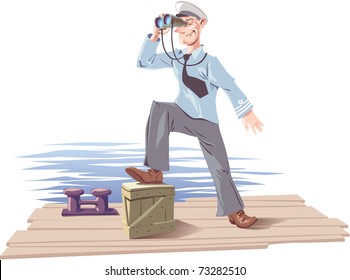 The captain is standing on the deck or the moorage and watching the skyline with the binoculars.