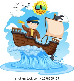 Captain standing on the ship on white background illustration