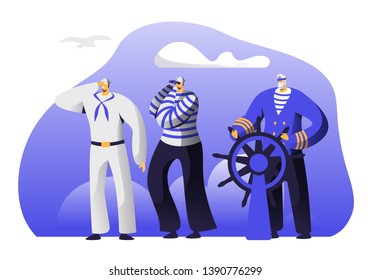 Captain at Steering Wheel, Sailors in Stripped Vests Holding Life Buoy and Ringing Bell. Ship Crew Male Characters in Uniform. Maritime Profession, Job Occupation. Cartoon Flat Vector Illustration