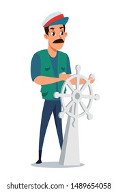 Captain at steering wheel vector illustration. Typical sailor with moustache wearing cap isolated on white background. Ship commander spinning rudder. Brave seaman at captains bridge