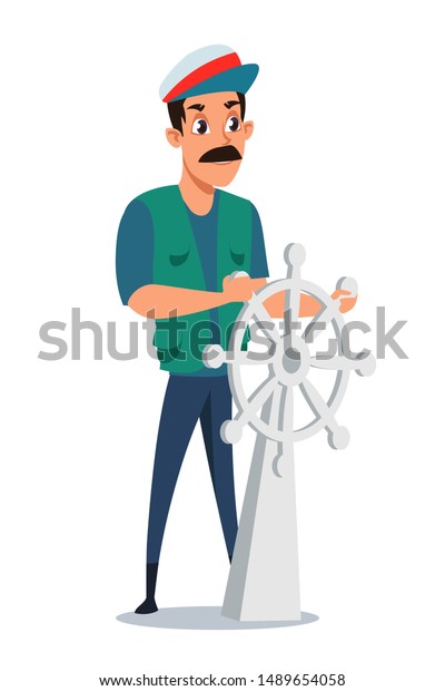 Captain\
at steering wheel vector illustration. Typical sailor with\
moustache wearing cap isolated on white background. Ship commander\
spinning rudder. Brave seaman at captains\
bridge