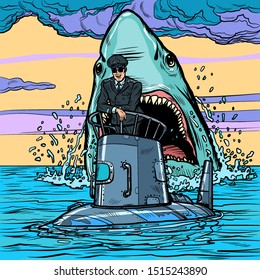 Captain of the submarine. Shark attack. Pop art retro vector illustration drawing