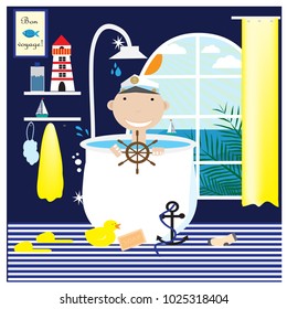 Captain taking a bath. Vector illustration.