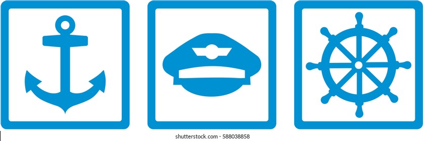 Captain tools - anchor, captain's hat and steering wheel